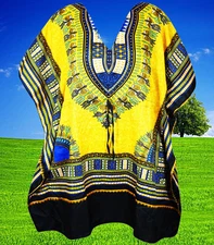 Boho Short Kaftan Yellow Dashiki Printed Handmade Women Summer Caftan L-2XL