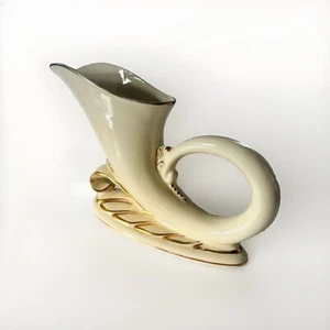 LARGE MCM Cream Gold Horn Of Plenty Vintage Table Centerpiece Ceramic Unsigned - Picture 1 of 6