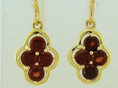 E053 Genuine 9ct Solid Gold NATURAL Garnet Cluster Drop Earrings Lucky Clover - Image 1 of 3
