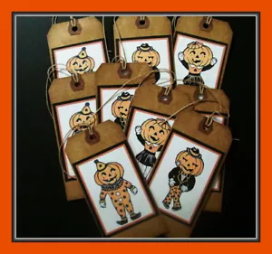SEHR VINTAGE HALLOWEEN PRIMITIVER STIL HÄNGEETIKETTEN - KÜRBIS MENSCHEN (NEUN) - Bild 1 von 3