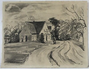Drawing chalk landscape village street house Worpswede Bernhard Huys 1950 - Picture 1 of 7