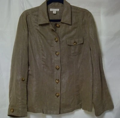 Chaqueta de safari Coldwater Creek Lurex mezcla de lino marrón/marfil/top-espiga-16 Foto 1 de 4