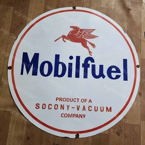 MOBIL FUEL SOCONY PORCELAIN ENAMEL SIGN 30 INCHES ROUND - Picture 1 of 4