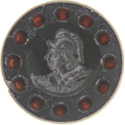 C1880 Antique Victorian Black Glass Button Intaglio Roman Soldier Cameo Bust - Image 1 of 3
