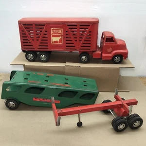 Vintage Dunwell Pressstahl LKW & 3 Anhänger Set Holz Auto Transport Vieh - Bild 1 von 24