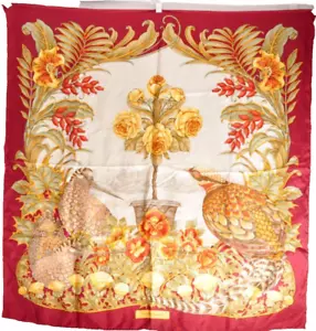 Ferragamo Scarf Silk Red x Multicolor Flower Bird Size 39.4 x 41.3 Authentic - Picture 1 of 12