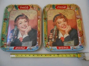 SET RARE ORIGINAL VINTAGE 1950'S RED HAIR GIRL COCA COLA COKE METAL SERVING TRAY - Picture 1 of 5