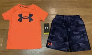 NEW WITH TAGS UNDER ARMOUR SWIM TRUNKS RASH GUARDSET ORANGE BLUE SIZE 4 BOYS - Picture 1 of 9