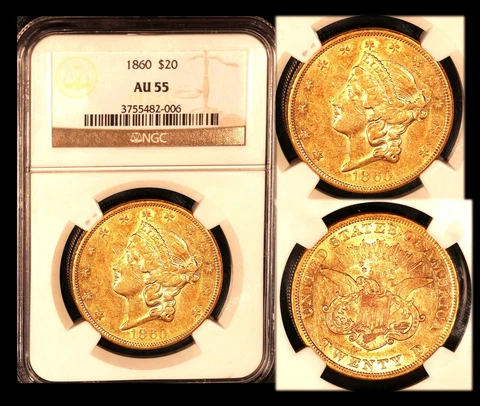 1860 $20 NGC AU 55 Liberty Double Eagle Cover