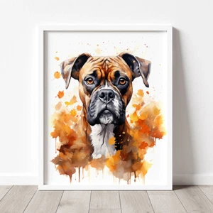 Boxer Dog in Autumn Print, Modern Watercolour Dog Painting, Pet Portrait - Picture 1 of 9