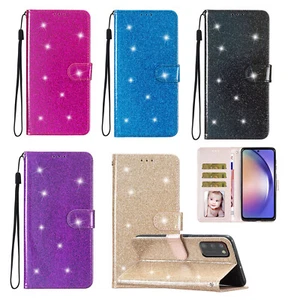für Samsung Flip Cover Case Glitzer Bling Plain PU Leder Handyhülle Schutztasche - Picture 1 of 19