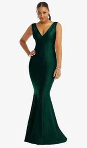 Shirred Shoulder Stretch Satin Mermaid Dress with Slight Train in Evergreen Sz L - Picture 1 of 4