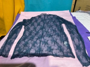 Women Ugerlov long Sleeve thumb hole Mock Neck Sheer blouse blue Floral Lace M - Picture 1 of 8
