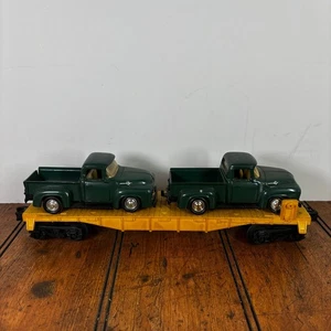 MTSI O Gauge Flatcar With Load 2 Green Ford F-100 Pickup Trucks Car Model Train - Picture 1 of 13