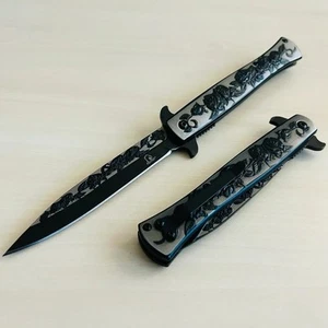 9” Black Rose Engraved Cute Spring Assisted Open Blade Folding Pocket Knife. - Picture 1 of 5