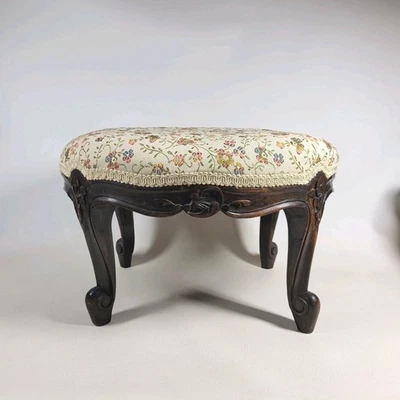 古董手工雕刻椭圆形脚凳针绣维多利亚家具 — 第 1/4 张图片