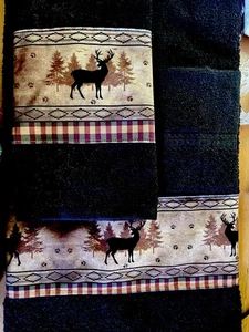 3-teiliges maßgefertigtes Bordüre Handtuch Set schwarz mit Hirschbock Jagdlager - Bild 1 von 3