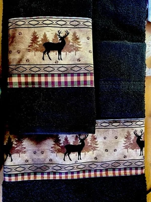 Juego de toallas de borde personalizadas de 3 piezas negras con ciervo Buck campamento de caza Foto 1 de 3