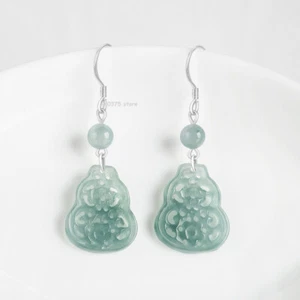 Real 925 Sterling Silver Natural Jadeite Blue Water Hollow Gourd Earrings Dangle - Picture 1 of 6