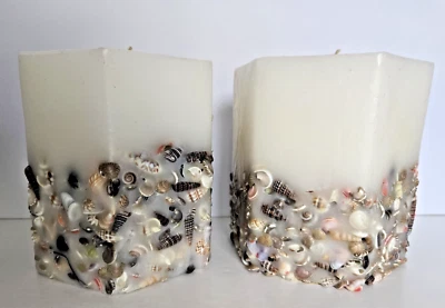 2 - New PAUL HOGE Sand & Sea Shell Pillar Hexagon/Heptagon Candle 4" by 4" NEW 2 - Image 1 of 4