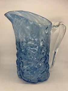 Vintage MCM Blue Hand Blown Art Glass Pitcher Vase Large 10”Tall Textured Signed - Picture 1 of 15