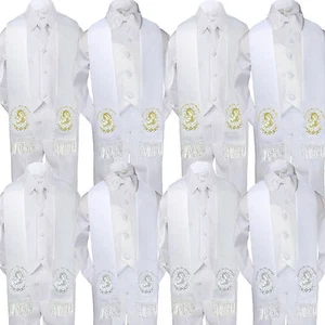 5pc Baby Boy Virgin Mary Pope Stole Baptism White Neck or Bow Tie Vest Suit S-20 - Picture 1 of 19