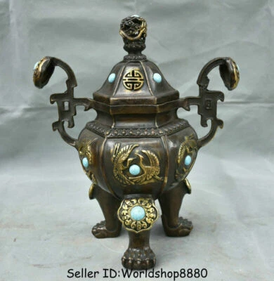 Queimador de incenso Ruyi pássaro turquesa incrustado dourado cobre porcelana antiga marcada 12" - Imagem 1 de 4