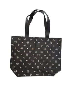 Victoria’s Secret PINK Black Tote Bag Silver Print Fabric Canvas Large - Image 1 of 4