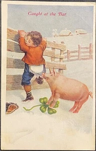 GEFANGEN AN DER BAR-SCHWEIN BEISST JUNGE auf HOSENSITZ - KLETTERT ÜBER ZAUN - 4-Blatt-Klee - Bild 1 von 2