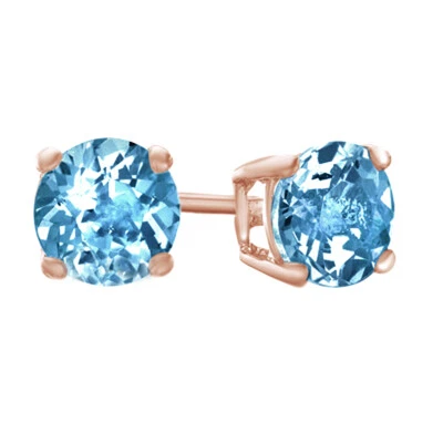 10K Solid Rose Gold Round Cut Blue Topaz Stud Earrings 8x8mm 6.4ct - Image 1 of 4