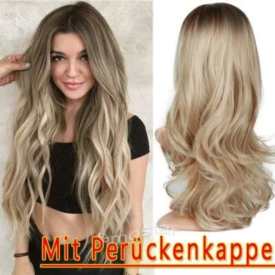Damen Perücken Lang Ombre Blond Langhaarperücke Wig gerade wie Echthaar Perücke