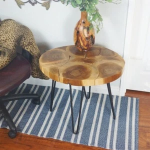 Rustic Reclaimed Oval Teak Wood Slice Side Table with Metal engraved Decorative - Picture 1 of 9