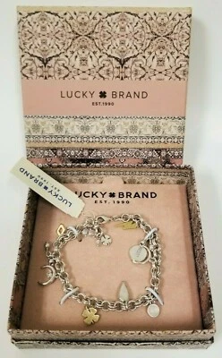 NEW LUCKY BRAND SILVER LINK CHAIN CHARM LUCK,MOON,SHAMROCK,CHARGER,BRACELET+BOX - Image 1 of 4