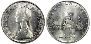 ITALY Silver 1959 R 500 Lire Columbus' ships HIGH GRADE KM# 98 (25 133) - Picture 1 of 3