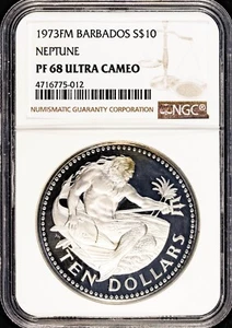 1973 Barbados Neptune NGC PF68 $10 Coin - Picture 1 of 2