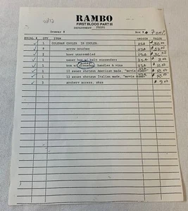 Hoja de accesorios de producción RAMBO III original 1987 ~ bolsas de flecha, etc. - Imagen 1 de 1