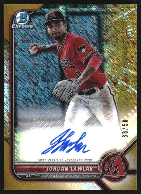 2022 Bowman Chrome Prospect Gold Shimmer Refractors Jordan Lawlar Auto /50
