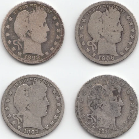 1898 S, 1906 O, 1907 D, & 1910 D Barber Quarters, G, 4 coins total Cover