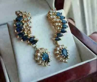 2.1Ct Pear Cut Lab Created Sapphire Women's Drop Earrings 14K Yellow Gold Plated - Image 1 of 4