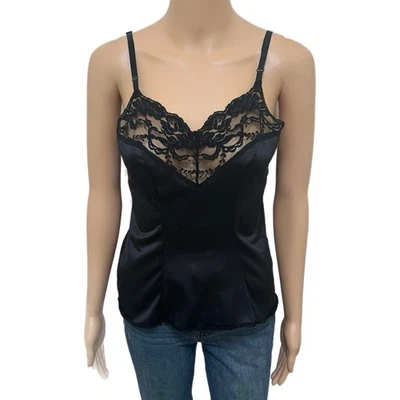 Camiseta sin mangas vintage Vassarette lencería años 80 negra encaje camisola - talla pequeña Foto 1 de 4