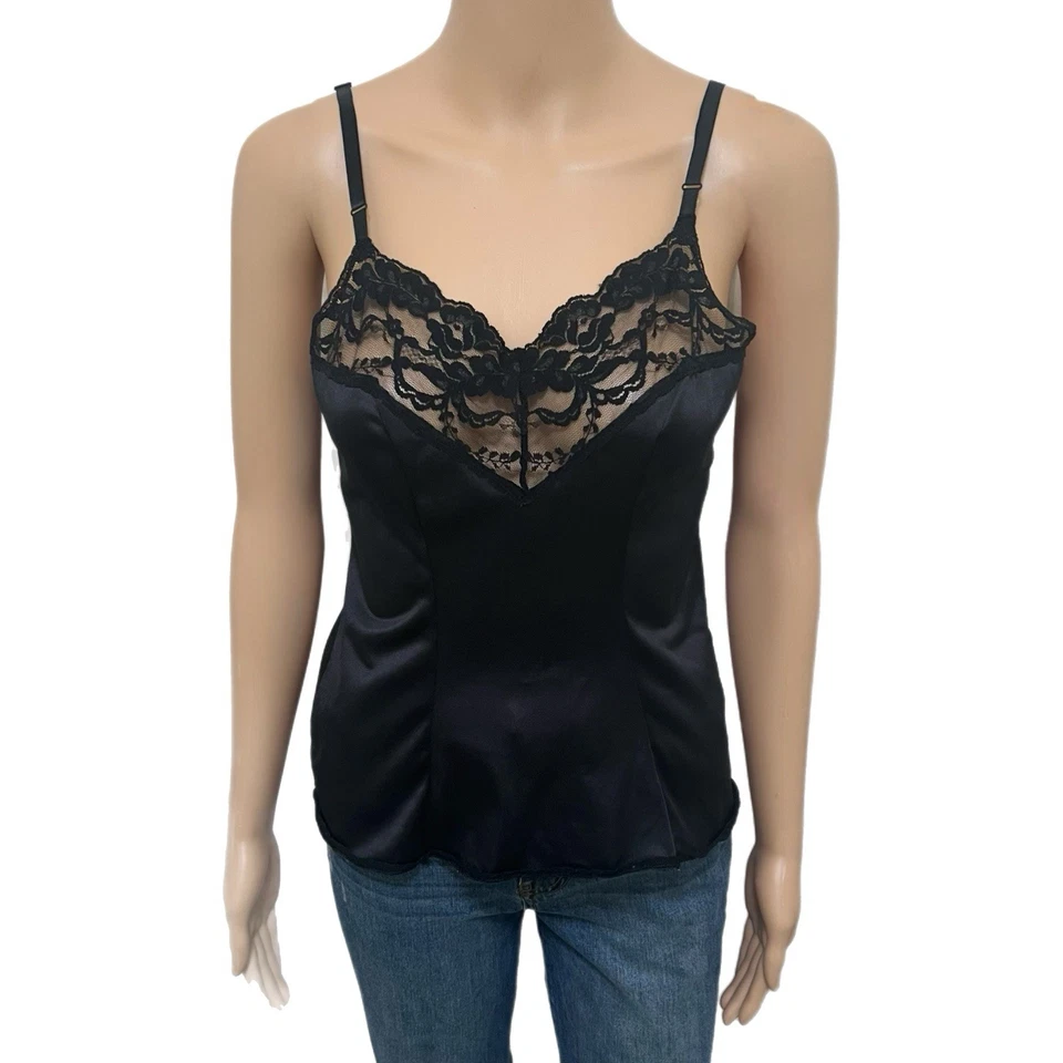 Camiseta sin mangas vintage Vassarette lencería años 80 negra encaje camisola - talla pequeña Foto 1 de 4