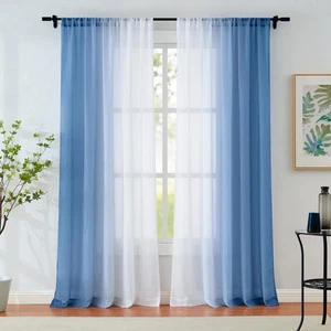 Ombre Chiffon Sheer Curtains Blue Crushed Crinkle Semi Voile Curtain Panels f... - Picture 1 of 8