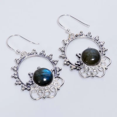 Labradorite Gemstone Vintage Handmade 925 Sterling Silver Earrings 2.1" R417 - Image 1 of 4