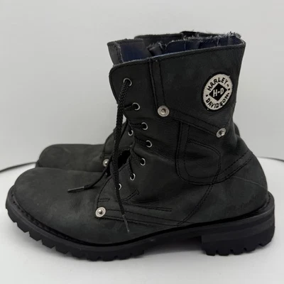 Harley Davidson Womens 10 Black Leather Lace Up Side Zip Motorcycle Boots Riding - Image 1 of 4