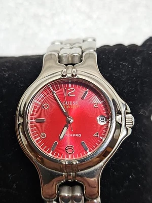 Guess Waterpro Watch Women 27mm Silver Tone Red Dial Date 100M WR New Battery. - Image 1 of 4