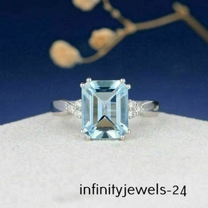 3CT Emerald Cut Lab-Created Blue Diamond Engagement Ring Woman 14K White Gold FN - Picture 1 of 8