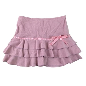 Y2k Vintage Pink Bow Wool Miniskirt Low Rise Coquette Soft Girl Tiered Small - Picture 1 of 6