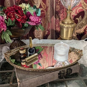 16" Vintage Hollywood Regency verziertes massives Messing Blumenrahmen oval verspiegelt Tablett - Bild 1 von 8