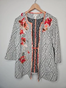 Chico's 2 Jacket Large Artisan Floral Applique Boho Artsy Open Front Lagenlook  - Picture 1 of 19