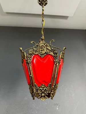 Vintage Gothic Revival Hanging Lantern Light – Red Panels –Ornate Brass Filigree - Image 1 of 4